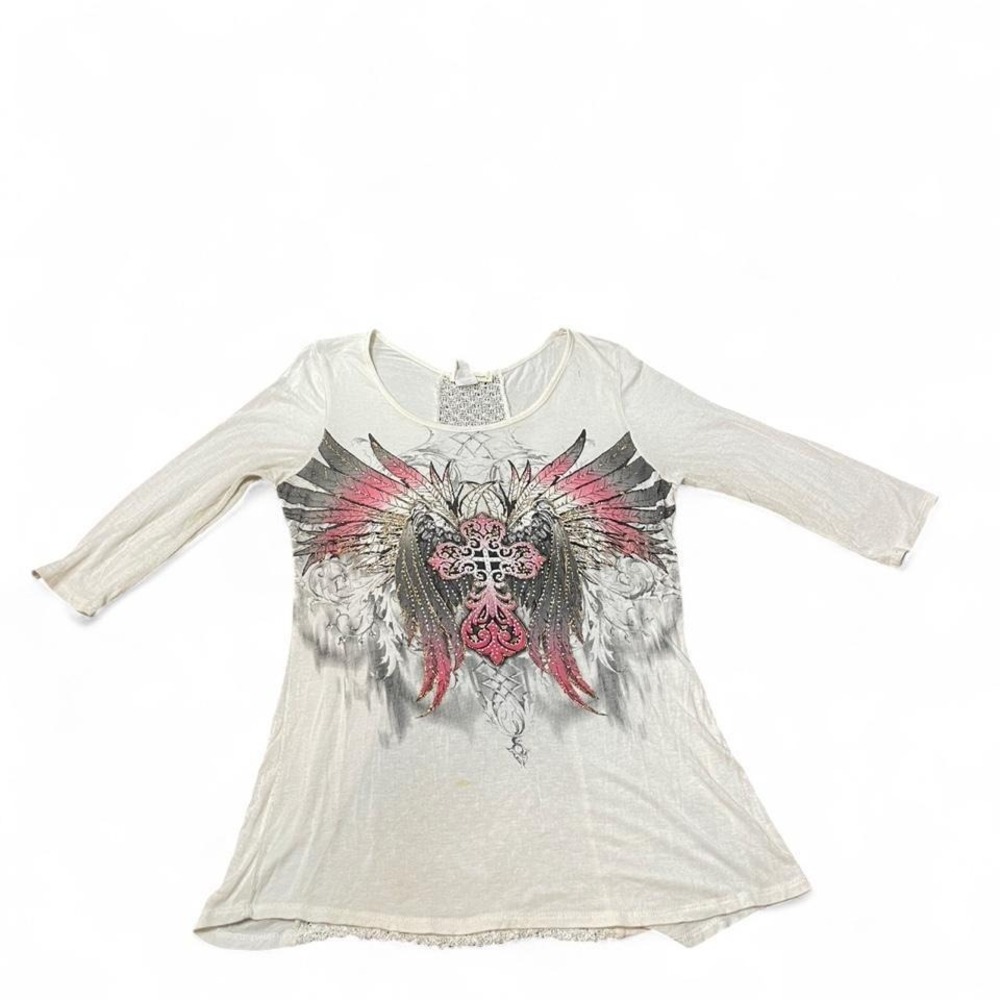 Y2K white & pink rhinestone angel wings top with lace back detailing